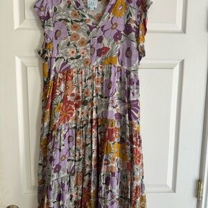 Floral Tiered V-Neck Women's Dress in Lavender Multi